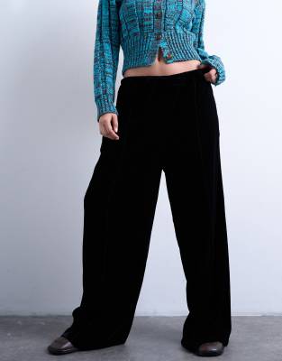 Topshop Velvet Mid Rise Tie Waist Wide Leg Sweatpants In Black