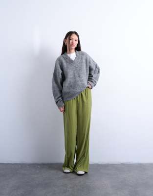 Topshop Velvet Mid Rise Tie Waist Wide Leg Sweatpants In Green