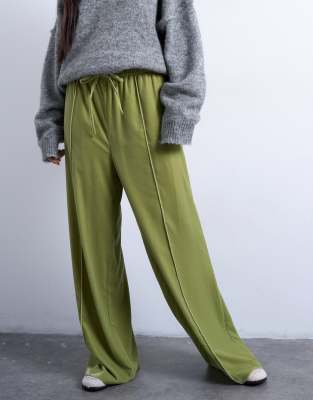Topshop Velvet Mid Rise Tie Waist Wide Leg Sweatpants In Green