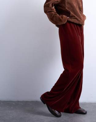 Topshop Velvet Mid Rise Tie Waist Wide Leg Sweatpants In Burgundy