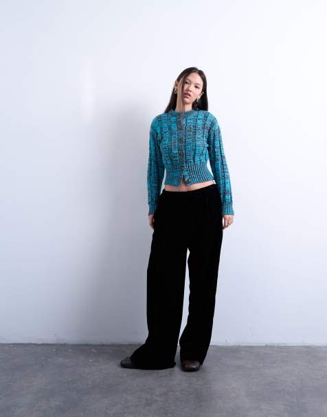 Topshop velvet mid rise tie waist wide leg trackies in black - view 1