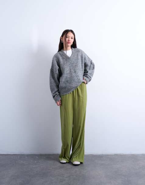 Topshop velvet mid-rise tie waist wide leg trackies in bright green - view 1