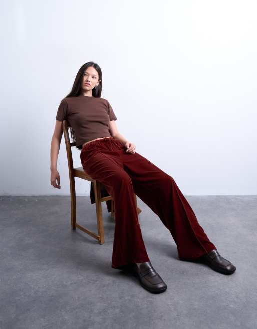 Topshop velvet mid rise tie waist wide leg trackies in tobacco