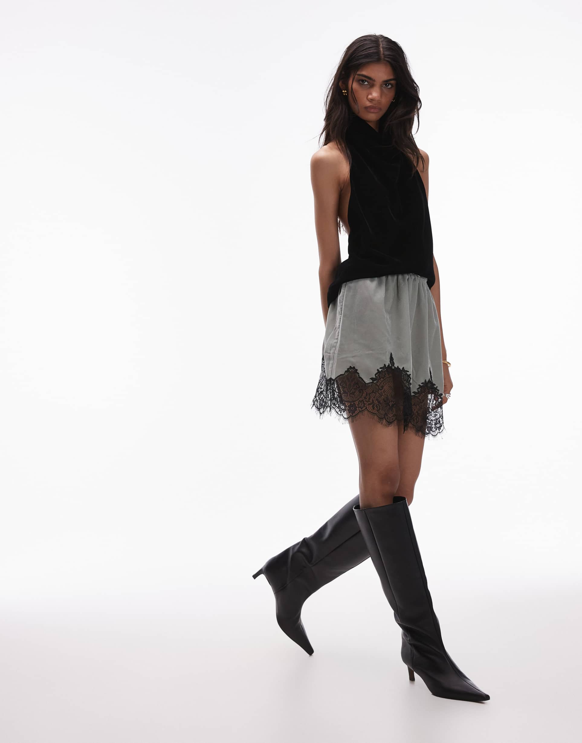 topshop velvet mini skirt in silver sage with black lace trim