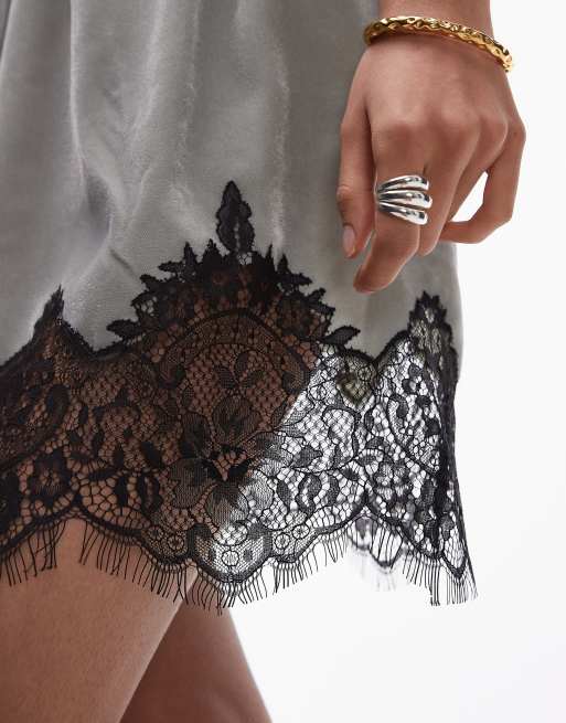 Topshop velvet mini skirt in silver sage with black lace trim, 4 of 5