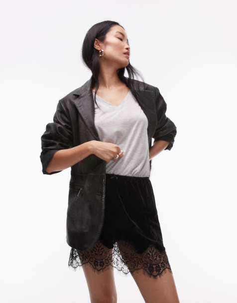 Topshop velvet mini skirt with lace trim in black - view 1