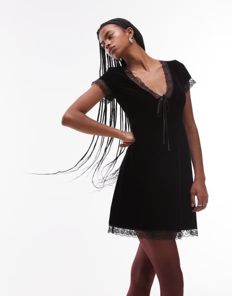 Topshop velvet mini tea dress with lace edge trim in black - view 1