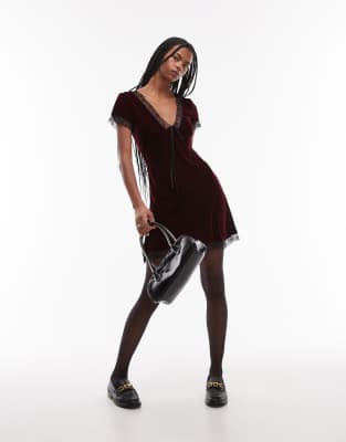 velvet mini teadress with lace edge trim in burgundy-Red