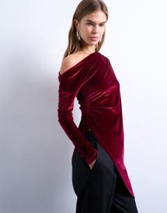 Velvet off shoulder tunic long sleeve top in burgundy