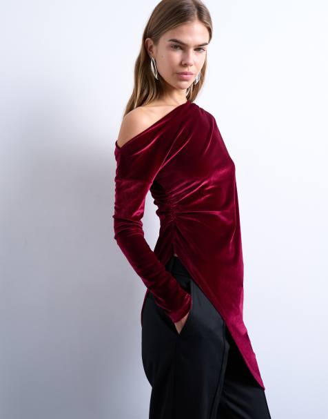 Topshop velvet off shoulder tunic long sleeve top in burgundy
