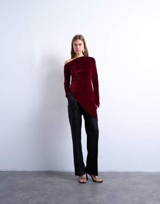Topshop Velvet Off Shoulder Tunic Long Sleeve Top In Red