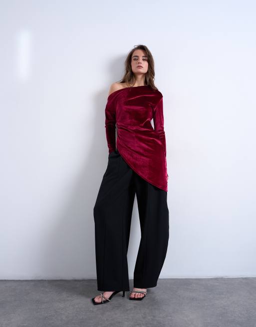 Topshop velvet off shoulder tunic long sleeve top in burgundy, 3 of 4