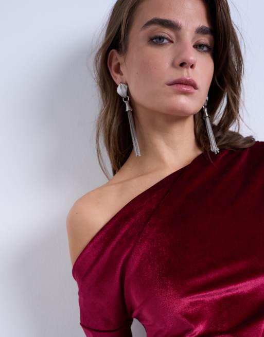 Topshop velvet off the shoulder tunic long sleeve top in burgundy