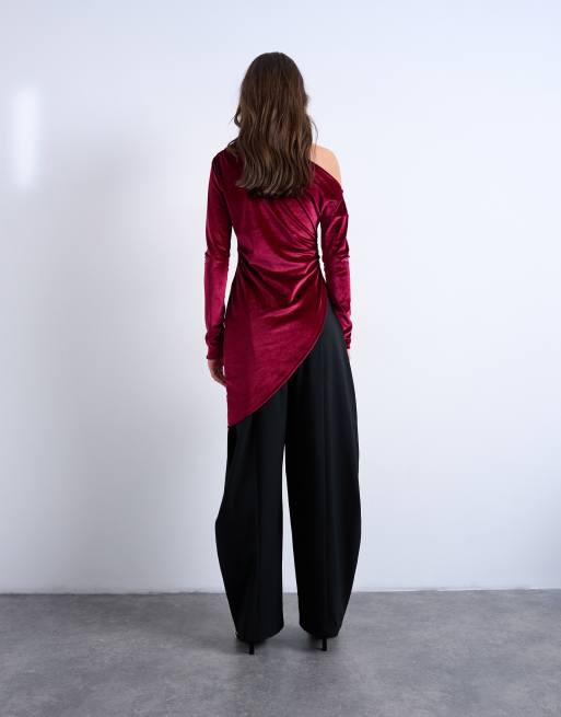 Topshop velvet off the shoulder tunic long sleeve top in burgundy