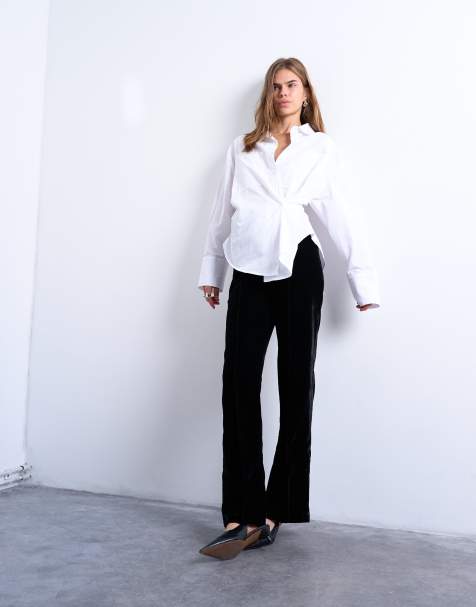 Topshop velvet pintuck slim leg pants with split in black - view 1