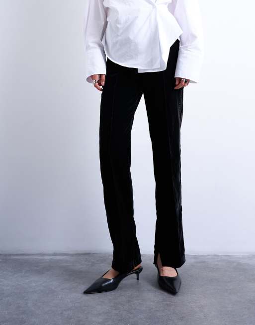 Topshop velvet pintuck slim leg pants with split in black, 2 of 5