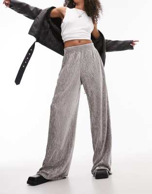 Topshop Velvet Plisse Pull On Wide Leg Pants In Silver