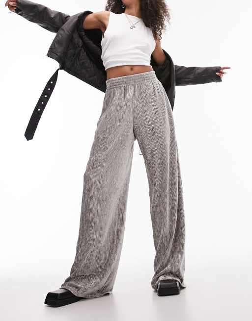 Topshop velvet plisse pull on wide leg pants in silver