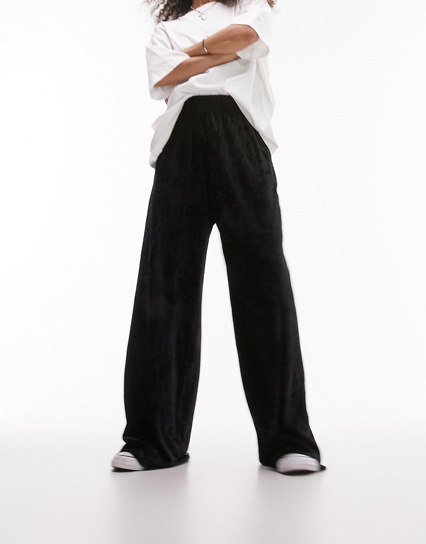Topshop velvet plisse pull on wide leg trouser in black