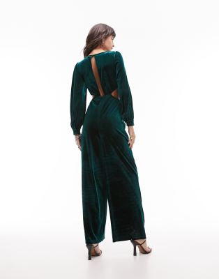 Topshop velvet ring detail cut out jumpsuit in bottle green | ASOS