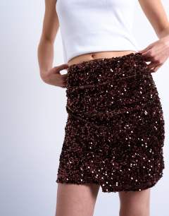 Model wearing Velvet sequin drape mini skirt in chocolate
