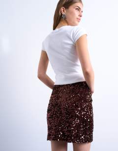 Model wearing Velvet sequin drape mini skirt in chocolate