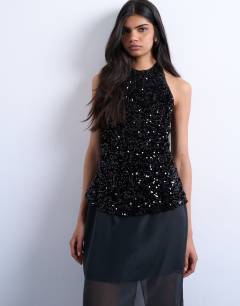 Velvet sequin halter top in black