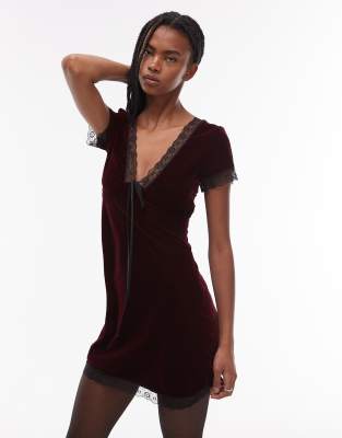 Topshop velvet tea dress mini with lace edge trim in burgundy | ASOS