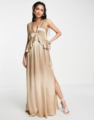 Topshop vera blend bridesmaid ruffle peplum dress in gold - NAVY - ASOS Price Checker