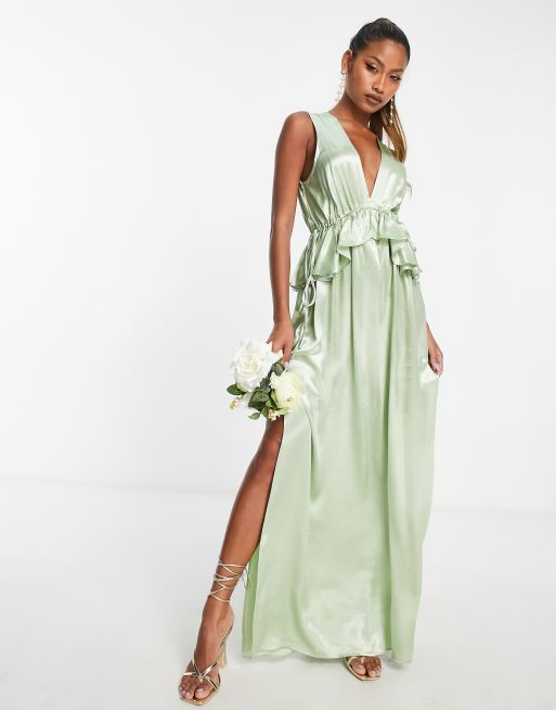 Topshop - Vera - Vestito da damigella con volant e peplo in tessuto misto color salvia - LGREEN