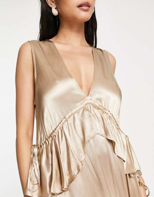 Topshop - Vera - Vestito da damigella con volant e peplo in tessuto misto oro - NAVY, 4 di 4