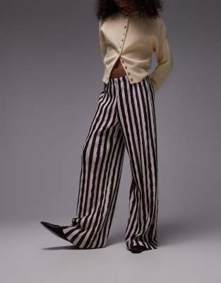 Topshop Vertical Stripe Plisse Wide Leg Pants In Dark Burgundy-red