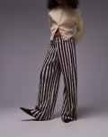 Topshop vertical stripe plisse wide leg pants in dark burgundy-Red