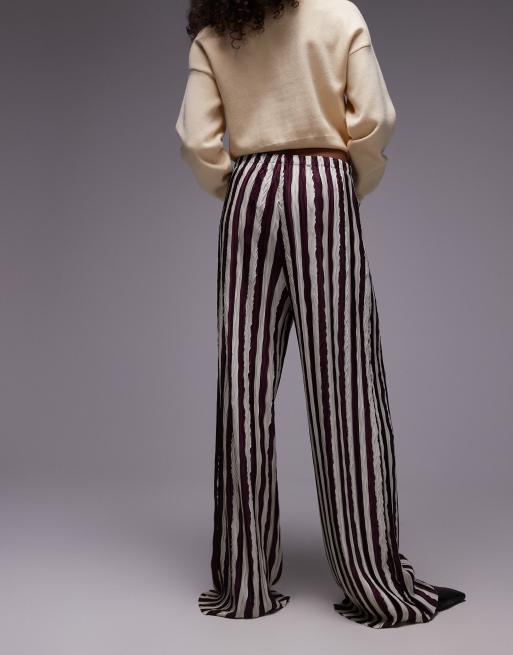 Topshop vertical stripe plisse wide leg pants in dark burgundy, 4 of 5