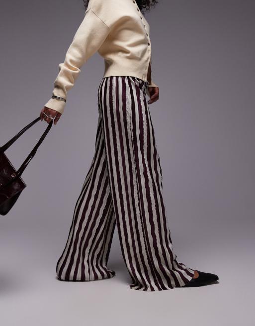 Topshop vertical stripe plisse wide leg trouser in dark burgundy, 2 of 5