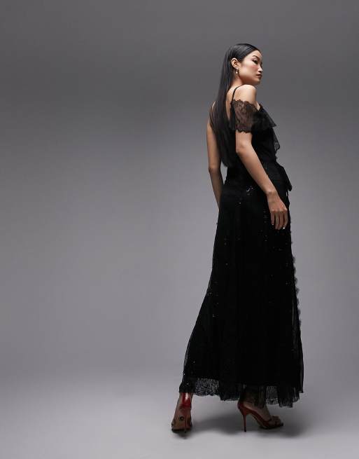 Topshop – Verziertes Maxikleid aus schwarzer Spitze mit einem Ärmel, 4 von 4