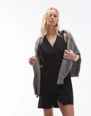 Topshop Vest Mini Dress In Black And White Pinstripe Jacquard