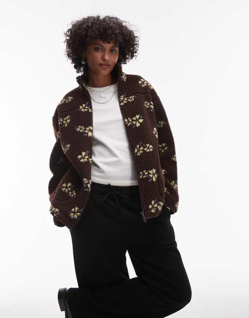 Topshop - Vest van borg en fleece met lange pasvorm in bruine print