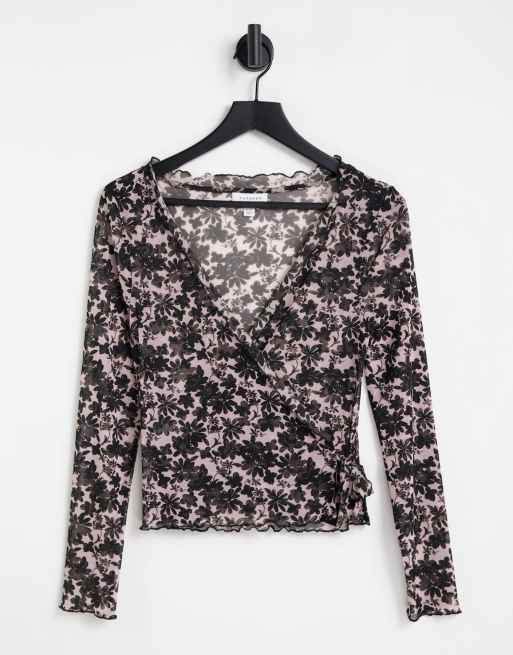 Topshop - Vest van mesh met bloemenprint en gestrikte voorkant in multi