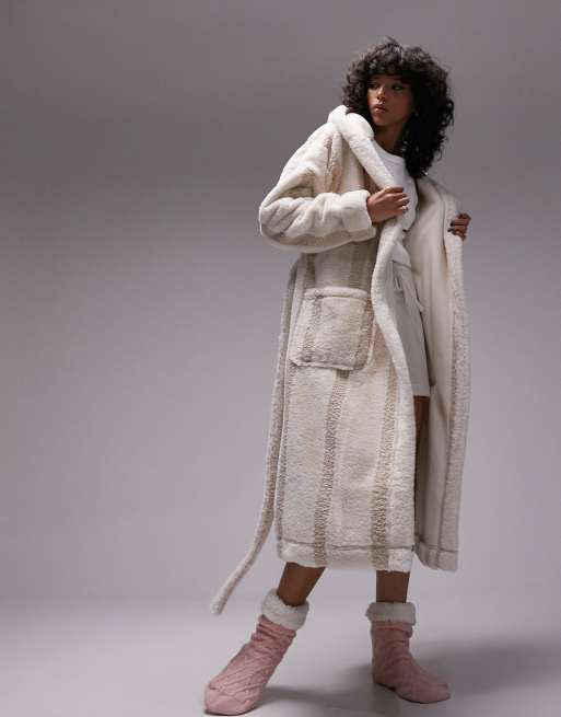 Topshop - Vestaglia in pile borg tonalità neutra a righe con cappuccio 