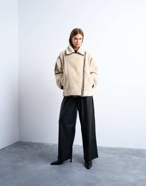 Topshop - Veste aviateur oversize en imitation peau de mouton - Crème - view 1