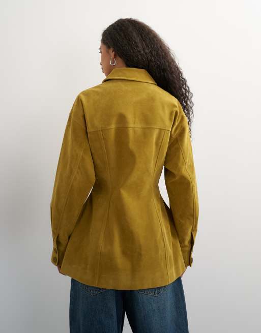Topshop veste blazer en suédine synthétique cintrée à la taille couleur moutarde, 3 de 4