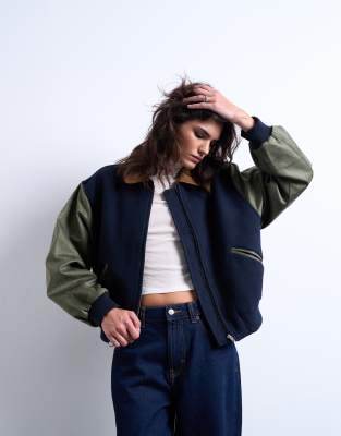 Topshop - Veste bomber style universitaire en daim à détails contrastants - Multicolore