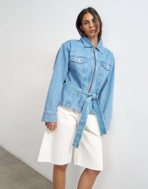 Topshop - Veste cintrée en jean à épaulettes - Bleu délavé - view 1