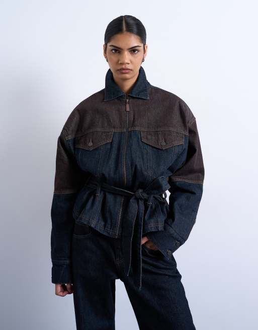 Topshop - Veste cintrée en jean bicolore - Marron et bleu