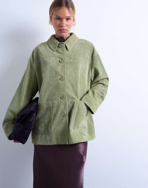 Topshop - Veste coupe carrée en daim véritable haut de gamme à poche plaquée - Vert - view 1