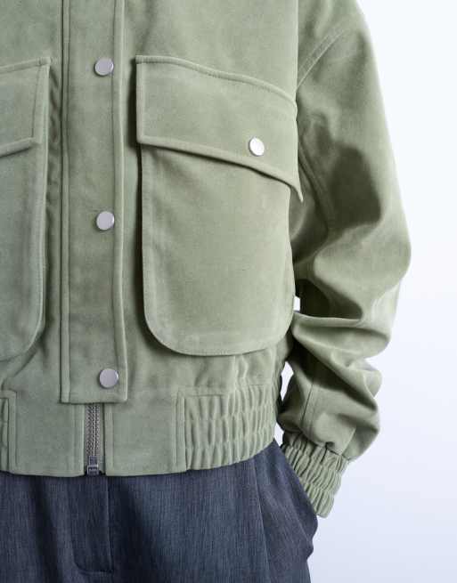 Topshop - Veste courte en imitation daim à poches plaquées - Vert sauge, 3 de 4