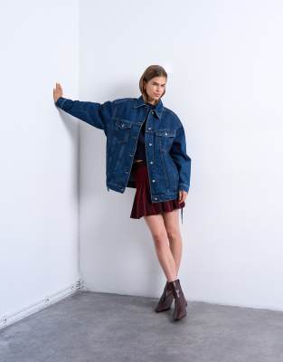 Topshop - Veste dad en jean oversize avec ceinture nouée - Indigo-Bleu
