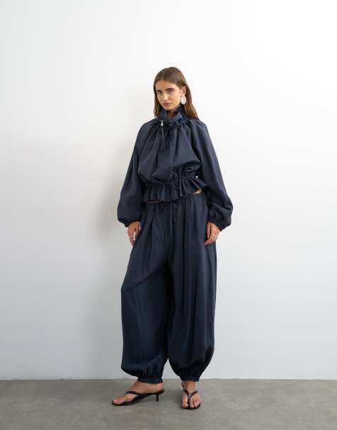 Topshop - Veste d'ensemble à col cheminée et liens à la taille - Bleu marine - view 1