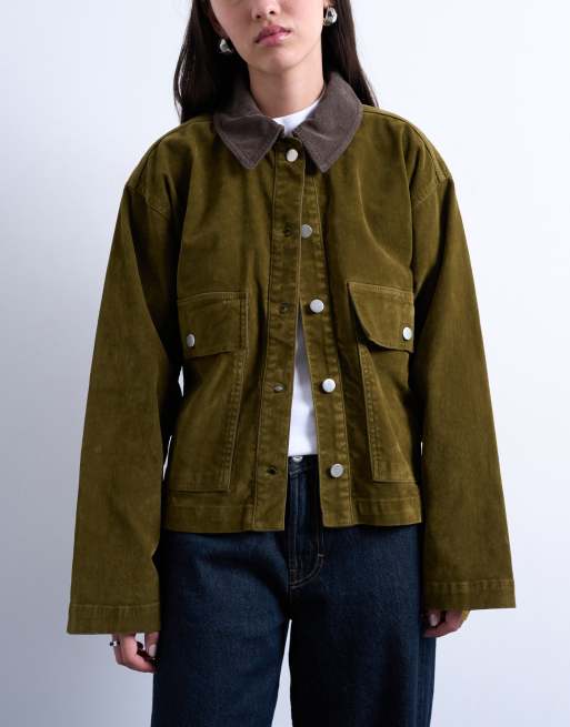 Topshop - Veste d'ensemble en velours côtelé avec col contrastant - Kaki, 3 de 4